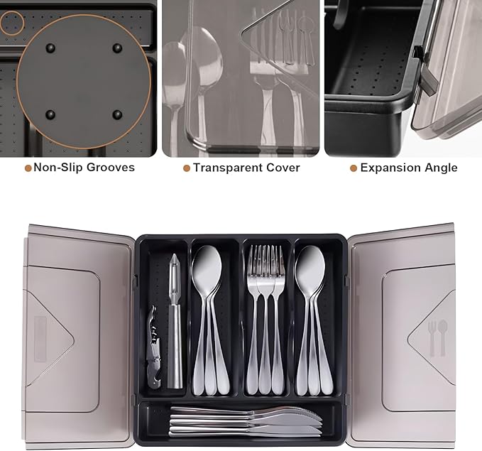 Silverware Organizer with Lid, Utensil Holder for Kitchen Drawer Countertop Plastic Flatware Tray 5 Compartments