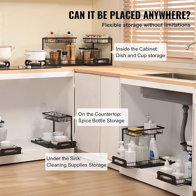 VEVOR 2 Tier Pull Out Cabinet Organizer(10.7"W x 14.2"D ), Under Sink Organizer and Storage, Slide Out Drawer Cabinet Organizer, Wire Basket Sliding Shelf for Kitchen Bathroom Cabinet, Black (2 Pack)