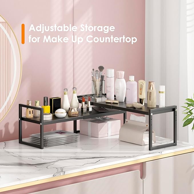 DOLALIKE Expandable kitchen Countertop Organizer, Stackable Cabinet Shelf Organizers, Space Saving Spice Rack Pantry Storage for Bathroom Office (Black, 1 Pack)