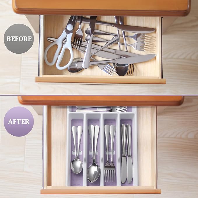 Silverware Organizer with Cutlery Icons,Silverware Tray for Kitchen Drawer,Flatware Tableware Cultery Drawer Organizer Utensil Organizer with Non-slip TPR Linings,Kitchen Organization Essentials