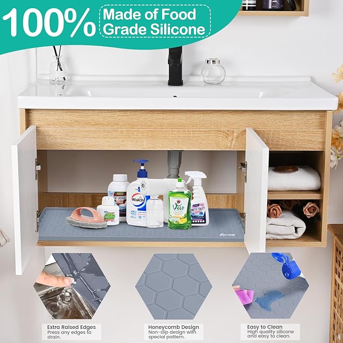 Waterproof Under Sink Mat 31" x 22", Silicone Cabinet Liner, Rubber Protector for Kitchen and Bathroom, Keeps Cabinets Clean, Dry, and Organized (Grey)