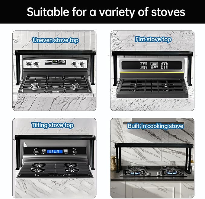 Over the Stove Shelf, Bamboo Stove Top Spice Rack for Kitchen,Wooden Stove Shelf for Back of Stove, Non-slip Countertop Seasoning Organizer with 6 hooks,Easy to Assemble 34.6*5.1*13.4” Black
