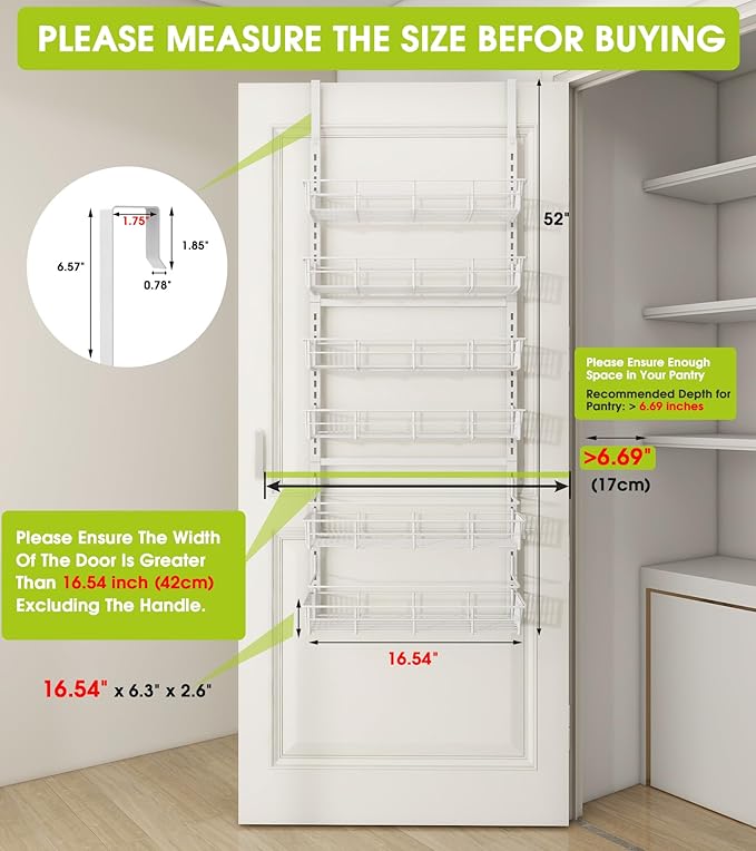 Over The Door Pantry Organizer, Wall Mount Spice Rack, Pantry Hanging Storage and Organization, 6 Adjustable Baskets Heavy-Duty Metal for Home & Kitchen, Back of Door Seasoning Rack - White