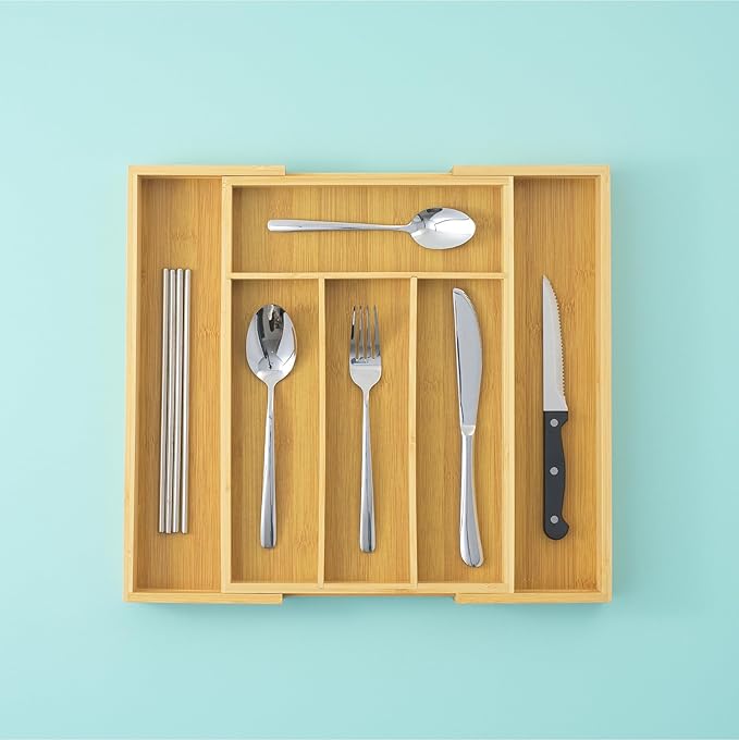 JoyJolt Bamboo Expandable Drawer Organizer for Kitchen Utensils, Adjustable Cutlery Tray, Bamboo Drawer Dividers Organizer for Silverware, Flatware, Knives in Kitchen, Bedroom (4-6 Slots)