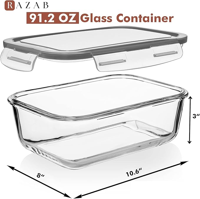 Razab 2700ml / 92 Oz / 11 Cups Large Glass Food Storage Containers with Lids - Leakproof, BPA-Free Glass Meal Prep Container Ideal for Baking, Casseroles & Leftovers - Oven, Freezer, Microwave Safe