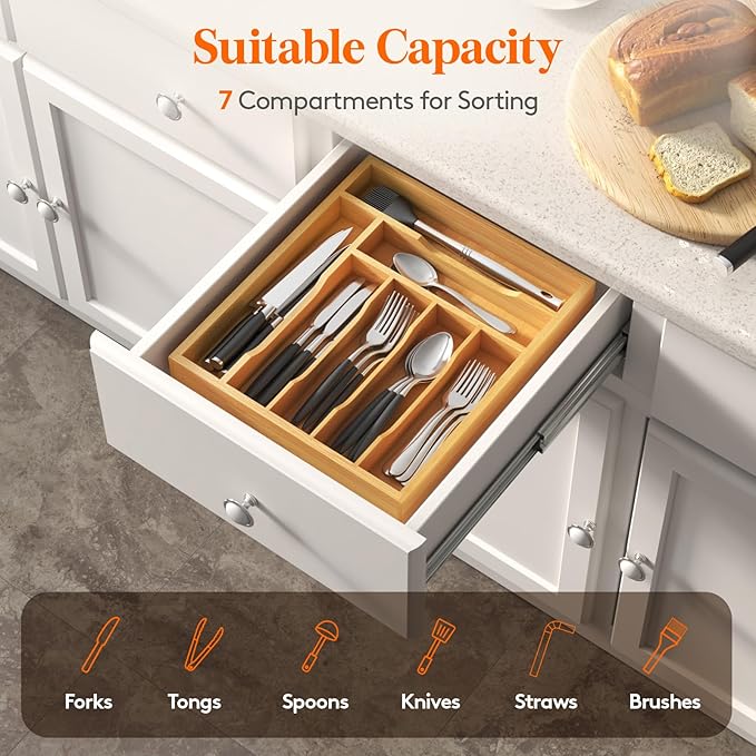 Lifewit Silverware Drawer Organizer Tray, Bamboo Cutlery Storage for Kitchen Drawer, 7 Compartment Flatware and Utensil Holder Divider for Spoons Forks Knives Tableware, Natural