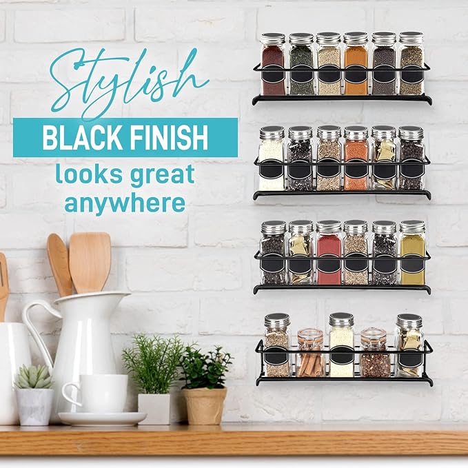 Spice Rack Wall Mounted 4 Tier – Space-Saving Kitchen Spice Organizer for Seasonings – Screw or Adhesive Hanging – Wall Mount Hanging Spice Rack for Wall, Cabinet, Pantry Door – Black