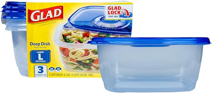 Glad GladWare Deep Dish Food Storage Containers Lock Tight Seal, BPA Free Large Rectangle Plastic Containers Hold Up to 64 Ounces of Food, 3 Count Set | Includes 3 Containers and Lids