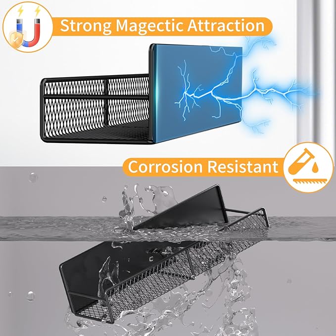 Magnetic Spice Rack for Refrigerator, 2 Pack Metal Magnetic Shelf Black, Moveable Spice Organizer with Hooks, Super Magnetic Fridge Shelf for Kitchen Organization and Storage