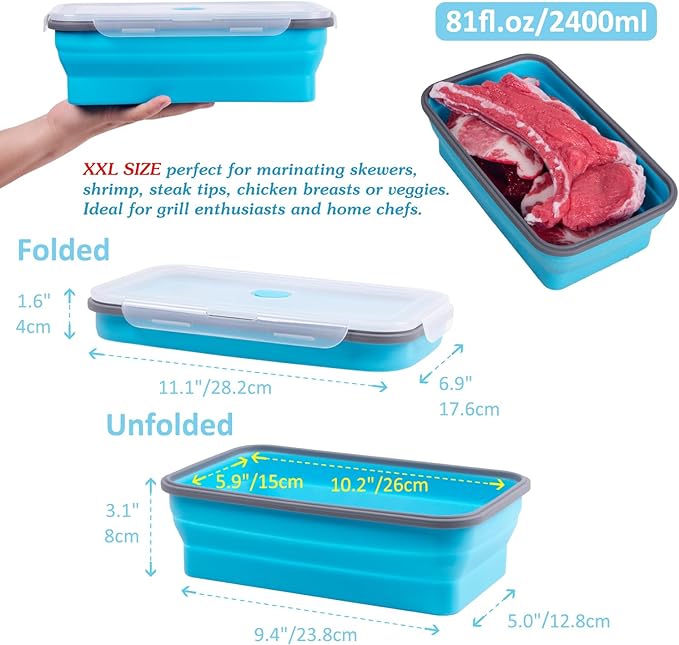 Extra Large Collapsible Food Storage Containers with Lid & Air Vent, 81 oz, 4 Pack, XXL Collapsible Marinade Container BBQ Prep Foldable Silicone Containers, Microwave Freezer Dishwasher Safe, Blue