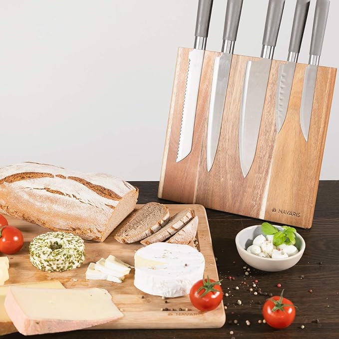 Navaris Wooden Magnetic Knife Holder - Universal Wood Magnetic Block & Organizer for Knives, Scissors, Kitchen Cutlery - Acacia, 10.9" x 10.8"