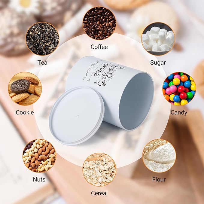 Country White Canisters Set of 3, Rustic Farmhouse Metal Containers with Airtight Lids, Kitchen Storage Canisters for Coffee, Sugar, Tea for Kitchen, Pantry Countertop