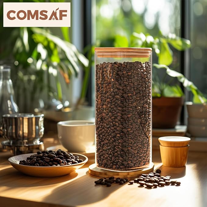 ComSaf 61oz Glass Storage Containers with Lids, Glass Jars with Lids, Clear Food Storage Jar, Square Glass Canister Set of 3, Pantry Organizers and Storage for Flour Rice Pasta Tea Coffee Bean