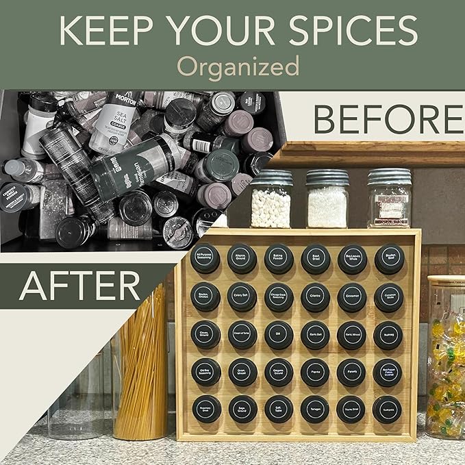 | Bamboo Spice Rack Organizer | 30 4 oz Spice Jars | 720 Labels | Funnel | Cabinet | Countertop | Pantry | Wall Mount