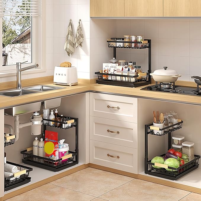 2 Packs Under Sink Organizer, High Adjustable 2 Tier Under Kitchen sink organizer, Multi-Purpose Storage Shelf for Kitchen Bathroom Cabinet, Black