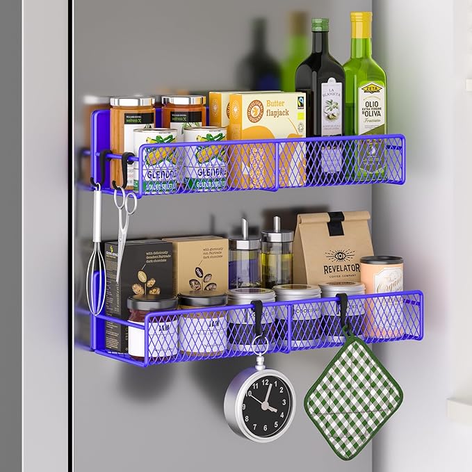 Magnetic Spice Rack for Refrigerator, 2 Pack Metal Magnetic Shelf, Moveable Spice Organizer with Hooks, Super Magnetic Fridge Shelf for Kitchen Organization and Storage, Purple Blue