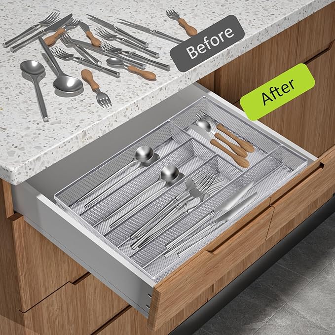 Silverware Drawer Organizer Holder, Cutlery Tray Silverware Flatware Storage Divider for Kitchen, Bedroom, Living Room,Mesh Wire with Non-slip foam Feet, 5 Compoment( Silver)