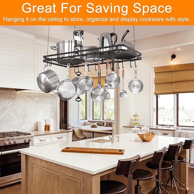31.5 Inches Ceiling Pot Rack and Pan Rack for Ceiling with 12 Hooks, Storage Rack Multi-Purpose Organizer for Kitchen Organization, Home, Restaurant, Kitchen Cookware