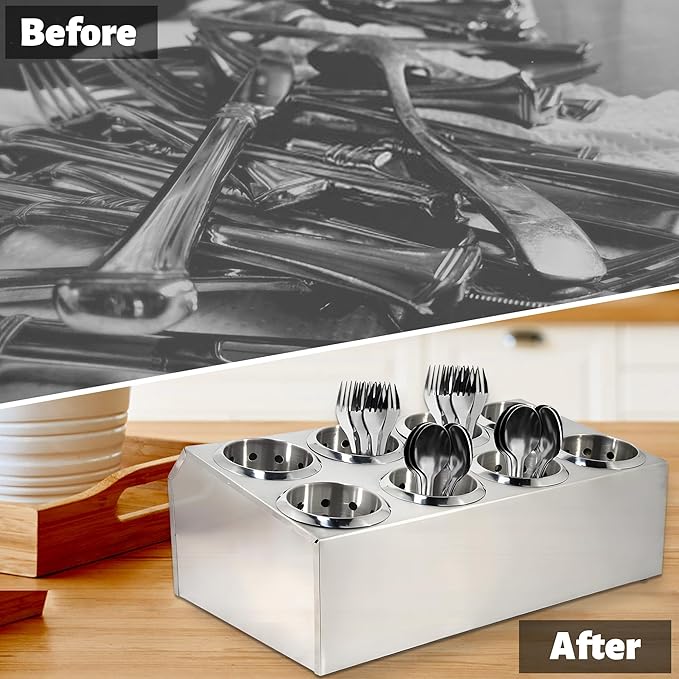 Commercial Silverware Caddy Utensil Holder Countertop 8 Holes Utensil Dispenser Holder Stainless Steel Cylinder Flatware Silverware Organizer for Restaurant Buffet