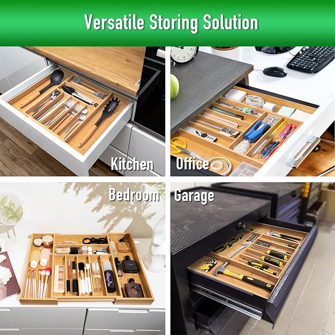 Large Expandable Utensil Organizer Silverware Organizer for Kitchen Adjustable Utensils Holder Bamboo Flatware Silverware Cutlery in Drawer (9 slot, Natural