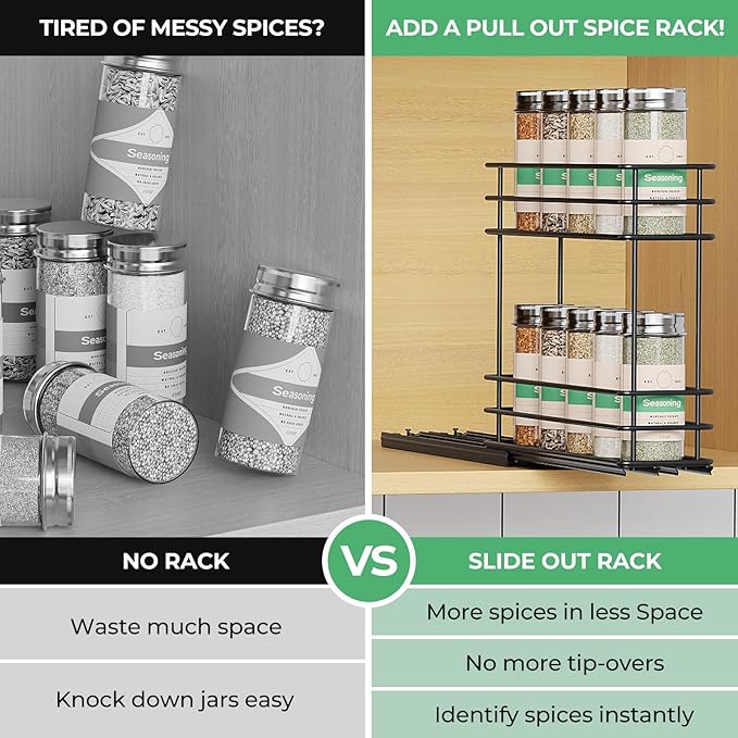 Pull Out Spice Rack Organizer for Cabinet, Slide Out Spice Racks, Easy to Install Spice Cabinet Organizer, 2.75''Wx10.35''Dx8.26''H, 1 Drawers 2 Tiers(Black)