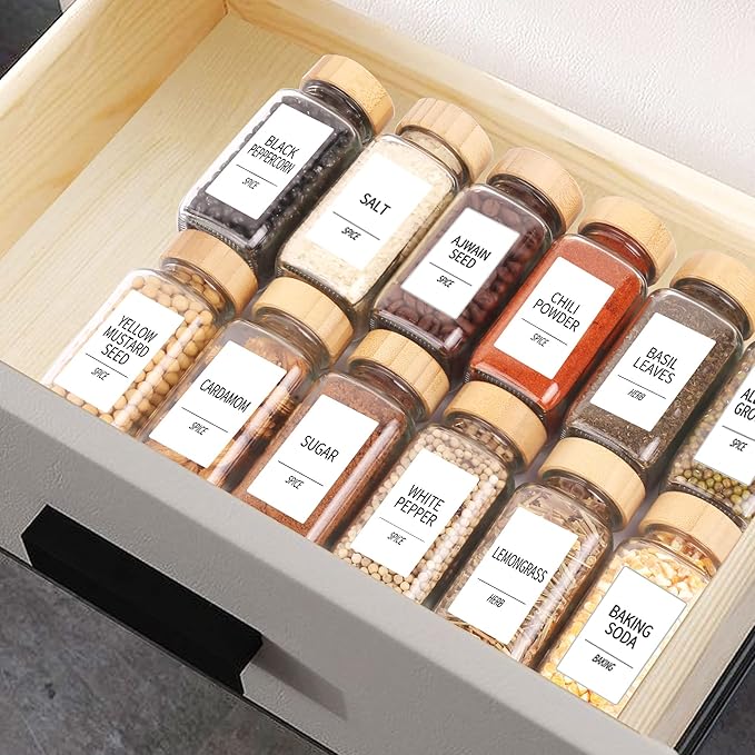 SWOMMOLY 24 Glass Spice Jars with 366 Labels, 6 oz Spice Jars with Bamboo Lids, Empty Bottles with Shaker Lids, Spice Containers with White Spice Labels,Chalk Marker, Funnel.