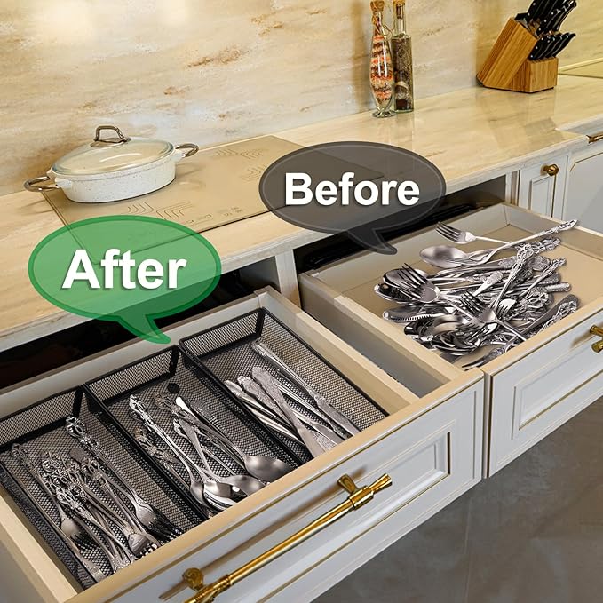 Elsjoy 4 Pack 12 Inch Mesh Flatware Trays for Kitchen Drawers, Metal Utensil Desk Drawer Organizer Kitchen Cutlery Tray Holder, Long Narrow Silverware Organizer for Spoon, Knife, Fork