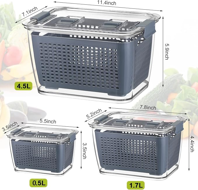Zopeal 6 Pack Fruit Storage Containers for Fridge Produce Saver Containers for Refrigerator Fruit for Fridge Keep Fresh with Lids Colander and Dividers for Salad Berry Vegetable(White, Gray)
