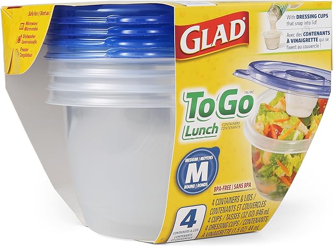 GladWare To Go Lunch Food Storage Containers, Medium Round Holds 32 Ounces of Food, 4 Count Set