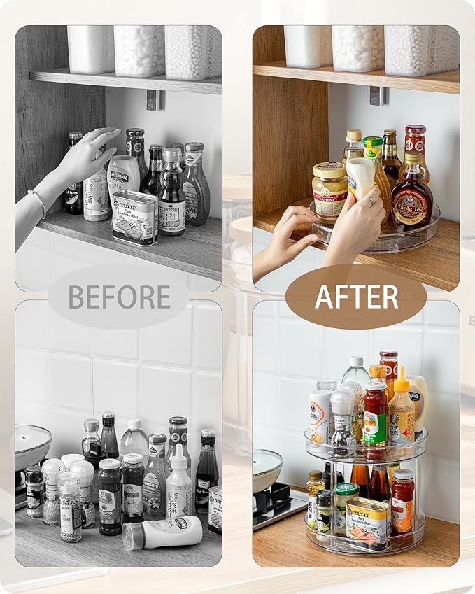 Roninkier 2-Tier Clear Lazy-Susan Turntable – 11-Inch Pantry Spice-Rack Cabinet-Organizer – Plastic Lazy Susan Makeup Organizer for Bathroom Countertop