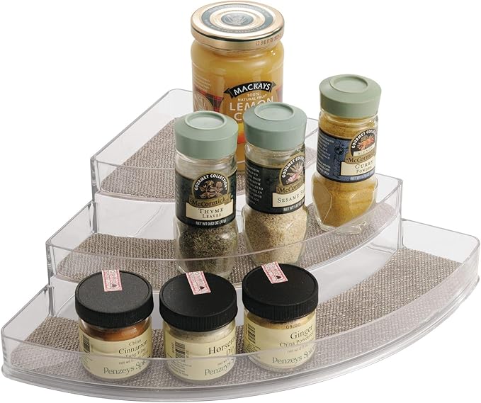 iDesign 34682 Twillo Plastic Spice Rack, Corner Organizer for Kitchen, Pantry, Bathroom, Vanity, Office, Craft Room Storage Organization, 10" x 14" x 4", Clear