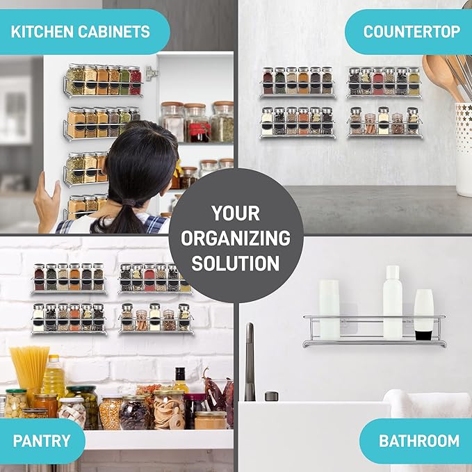 Spice Rack Wall Mounted 4 Tier – Space-Saving Kitchen Spice Organizer for Seasonings – Screw or Adhesive Hanging – Wall Mount Hanging Spice Rack for Wall, Cabinet, Pantry Door