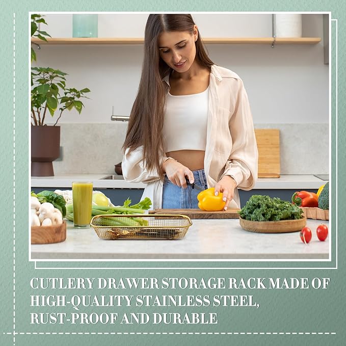 4 Pcs Gold Kitchen Drawer Baskets Stainless Steel Storage Container Mesh Storage Golden Utensil Holder Wire Basket Stackable Drying, 12 x 5 x 2 Inch