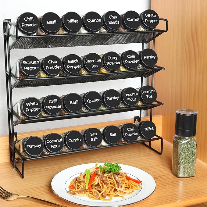 ComSaf 24Pcs 4oz Glass Spice Jars with Shaker Lids, 93 Labels, a Handy Funnel, a Pepper Grinder, Empty Spice Containers and Square Spice Bottles for Kitchen and Seasoning