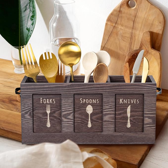 Wood Flatware, Cutlery, Kitchen Utensil & Silverware Caddy Organizer Bin Holder for Kitchen Countertop, Perfect for Forks, Spoons, Knives