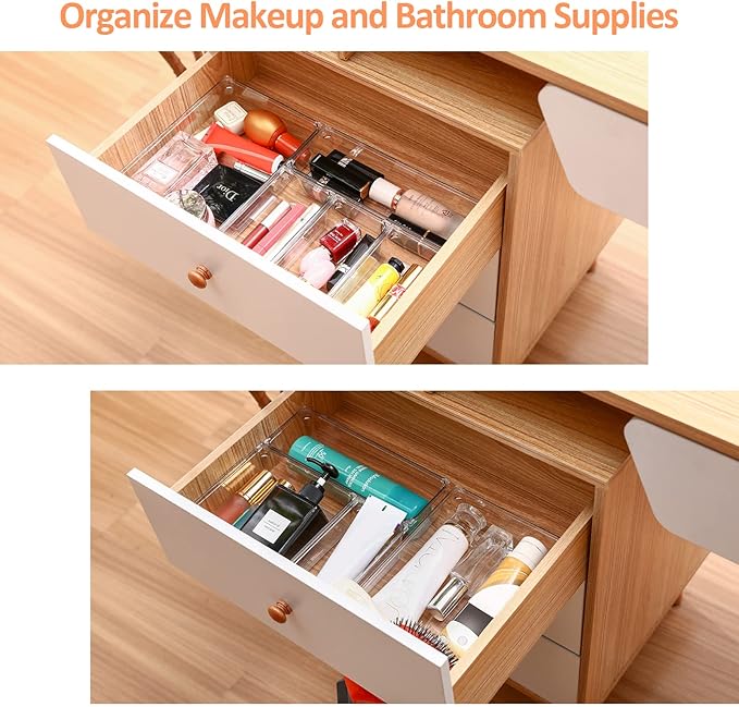 13 PCS Clear Plastic Drawer Organizer Set, GOGOODA 5 Size Large Vanity Organizer Trays with Non-Slip Pads, Multi-use Organizing Bins for Kitchen, Bedroom, Bathroom, Office, Utensils, Makeup, Jewellery