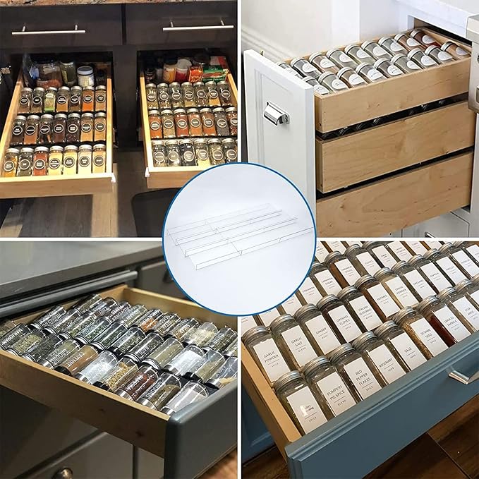 Spice Drawer Organizer, 9 Pcs Clear Acrylic In Drawer Seasoning Jars Rack, Expandable From 8" to 24" Kitchen Cabinets/Countertop Drawer Spice Rack Tray (Fit Small Drawer)