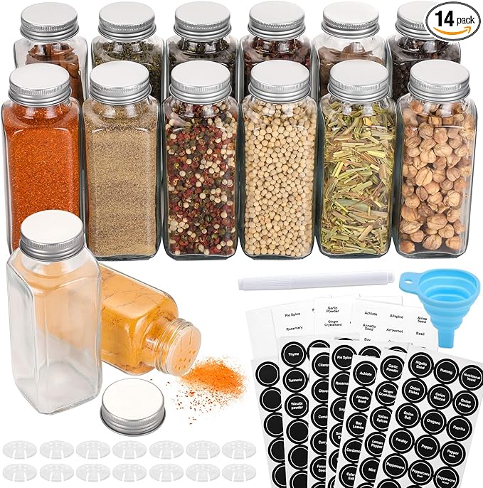 AOZITA 14 Pcs Glass Spice Jars with Spice Labels - 8oz Empty Square Spice Bottles - Shaker Lids and Airtight Metal Caps - Chalk Marker and Silicone Collapsible Funnel Included