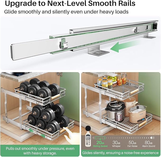 Kitstorack Pull out Cabinet Organizer,2 Tier Heavy Duty Smooth Sliding Under Cabinet Shelves for Pots and Pans,Roll out Drawers with Thickened Chrome Plating(23" W X 21" D)