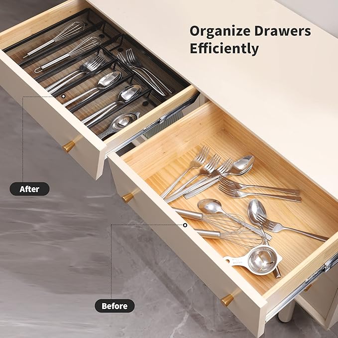 Faridabio Mesh Drawer Organizer,Silverware Organizer for Kitchen Utensil Cutlery Tray with Interlocking Steel Mesh Metal Flatware Organizer Storage Silver (6 pcs)