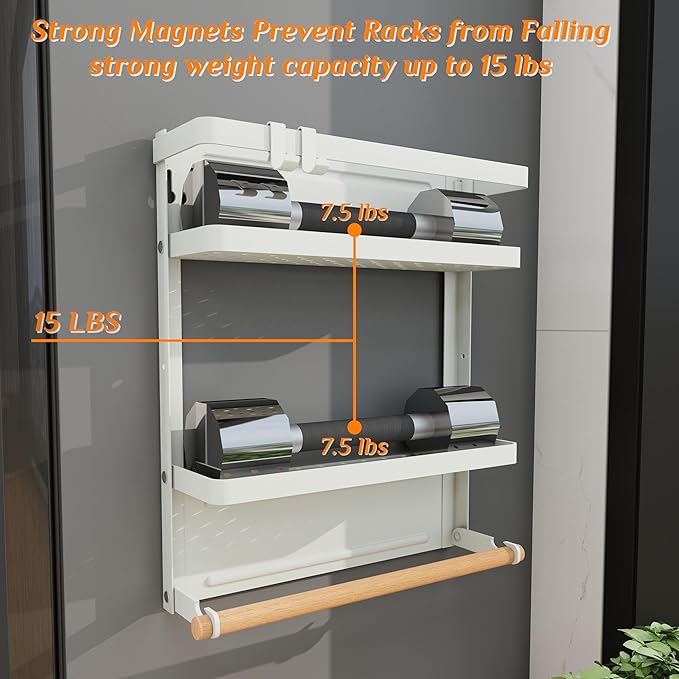 Magnetic Spice Rack 2-Tier Refrigerator Storage Organizer with Removable Paper Towel Holder - White