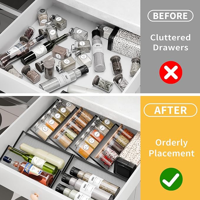 Simple Trending Spice Drawer Organizer,8 Piece Metal Mesh Expandable from 10.75" to 21.5" Insert,Hold up 48 Spice Jars Kitchen Countertop Rack Tray,for Drawer Countertop Jars not included
