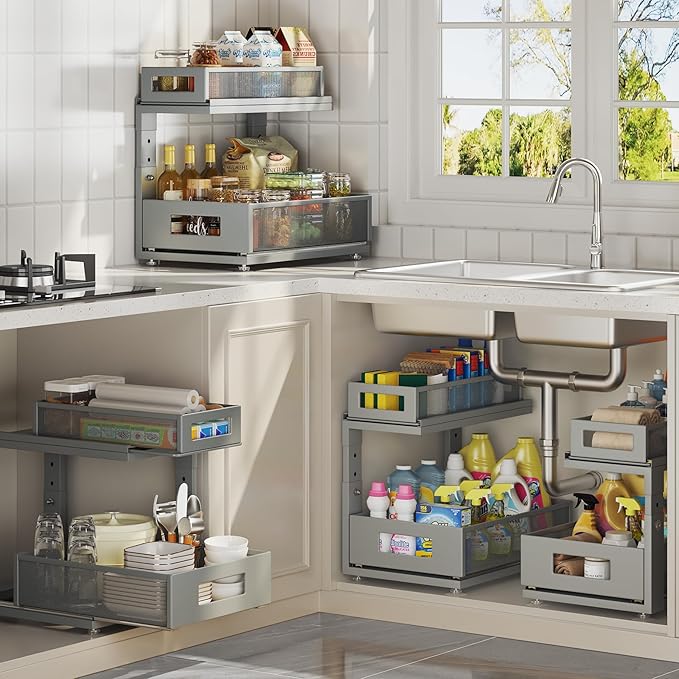 1 Pack 15.74IN-Depth Under Sink Organizer With Next-Gen Ball-Bearing Slides,2-Tier Pull Out Cabinet Storage,Height Adjustable Drawer Shelf for Bathroom,Kitchen,Laundry,Cabinet,Pantry-Gun Gray