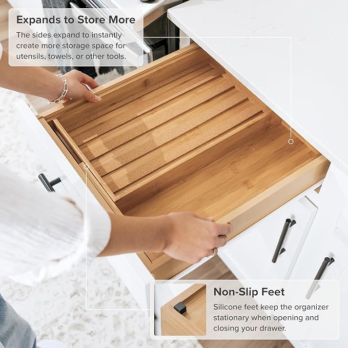 Spice Drawer Organizer with Expandable Storage. Holds up to 15 Spice Jars (Not Included), Non-Slip Feet, Kitchen Accessory Storage, 100% Sustainable Bamboo Wood