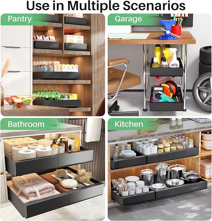 Pots and Pans Organizer Under Cabinet, Expandable(11.7"-19.7") Pull out Cabinet Organizer, Heavy Duty Adjustable Rack Inside Cabinet Fixed with Adhesive Film, Roll out Shelf Storage for Kitchen Pantry