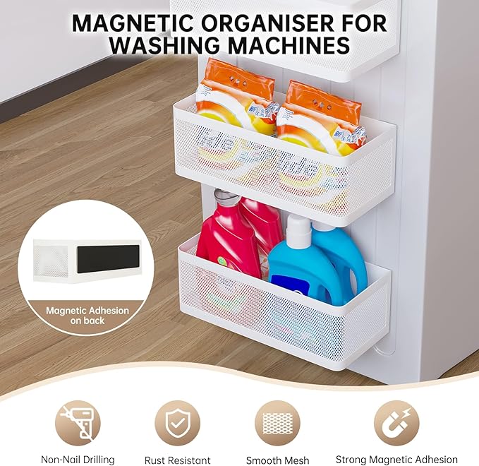 Magnetic Shelf for Washing Machine Magnetic Organizer for Laundry Washing Machine Shelf Hanging Basket Storage Magnetic Fridge Shelves Spice Rack for Refridgerator (White, L13.78in*W5.12in*H3.94in)