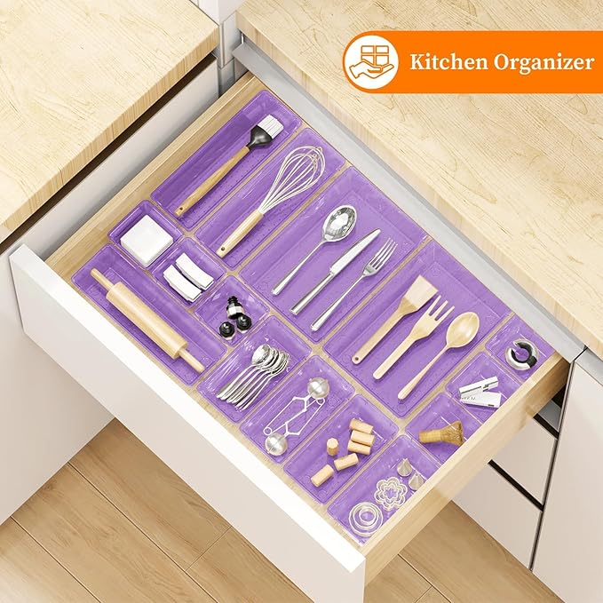 32 PCS Clear Plastic Drawer Organizer Set, 4-Size vanity organizer Trays and Storage Bins for Makeup, Jewelry and Gadgets in Bedroom, Bathroom and Office, Clear Purple
