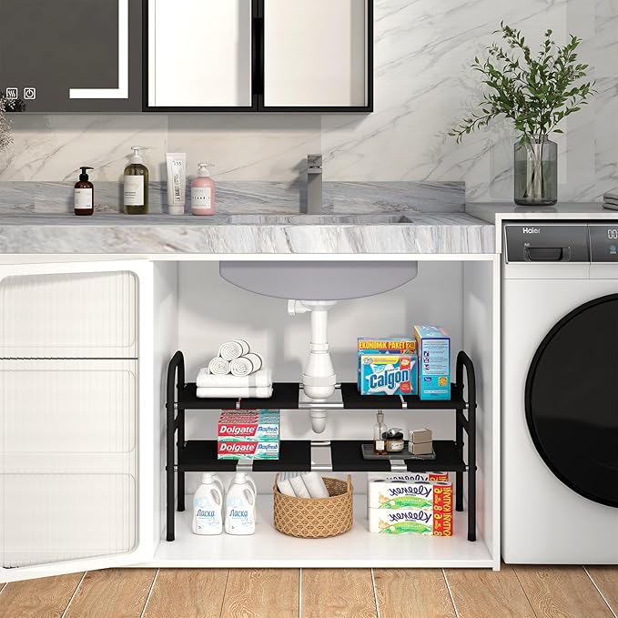 Expandable Under Sink Organizers, 2-Tier Kitchen Bathroom Cabinet Storage Counter Shelf, Shoe Storage Rack with 8 Removable Plastic Boards for Kitchen, Bathroom, Pantry, Entryway, Closet