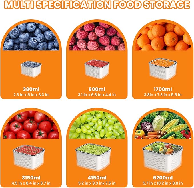 Fruit Storage Containers for Fridge - 6PCS Food Storage Containers with Lids - Produce Containers for Fridge with Removable Colander - Keep Berry Fruit Vegetable Food Meat Fresh Longer