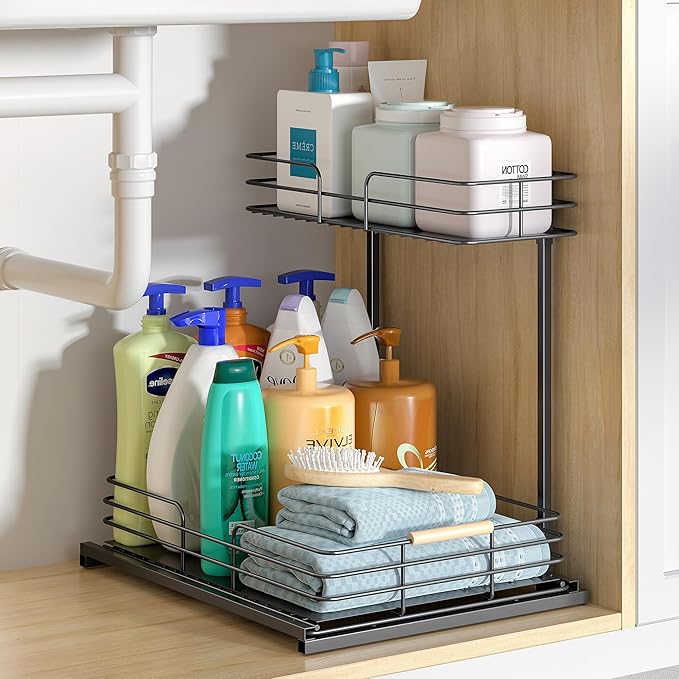 LAMU Under Sink Organizers and Storage, 2 Tier Bathroom Kitchen Cabinet Organizers, Pull Out Under Sink Storage Kitchen Shelf Organizer for Under Counter Storage